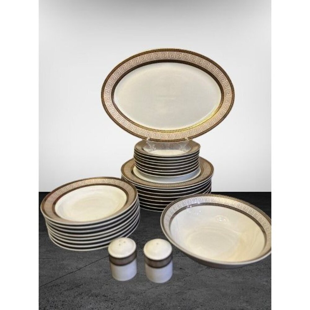 28 Piece Vintage Chattanooga Dining Set with Gold Greek Key Accents